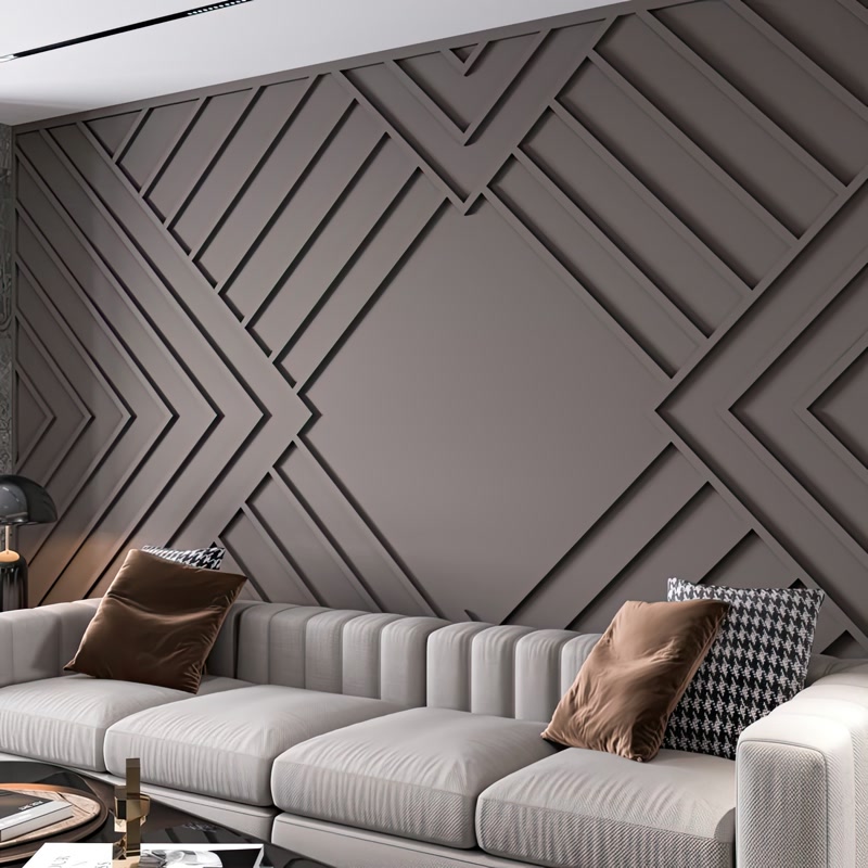 Vizon tonlarındaki duvar zemininde P851350 modeli kullanılarak tasarlanmış, baklava formunda ve çapraz detaylı dekoratif çıta uygulaması.