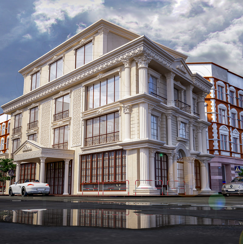 Fildişi rengi binanın dış cephesindeki estetik söveler, pencere taçları ve detaylı pilaster sütun kaplamaları.