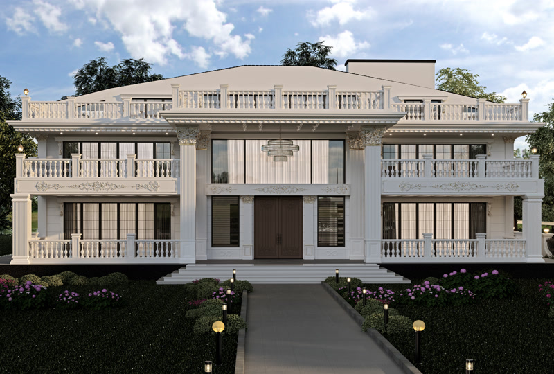 İki katlı lüks villanın dış cephesinde kullanılmış beyaz tonlu poliüretan pilaster sütun, pencere sövesi ve estetik motifler.