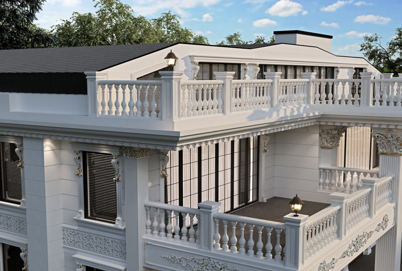 Poliüretan pilaster sütunlar, zarif balustrad korkuluklar ve pencere söveleri ile bezenmiş klasik dış cephe tasarımı.