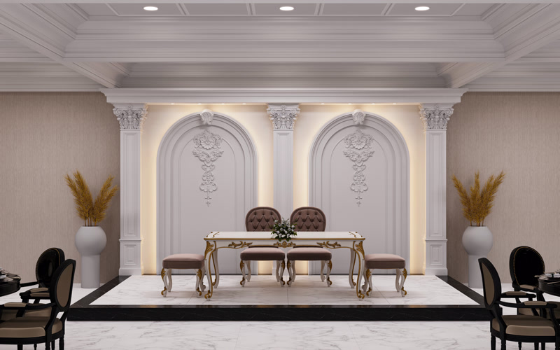 Etkinlik sahnelerinde yer alan poliüretan kemerli duvar nişi tasarımları, dekoratif motifler ve pilaster sütunlar.