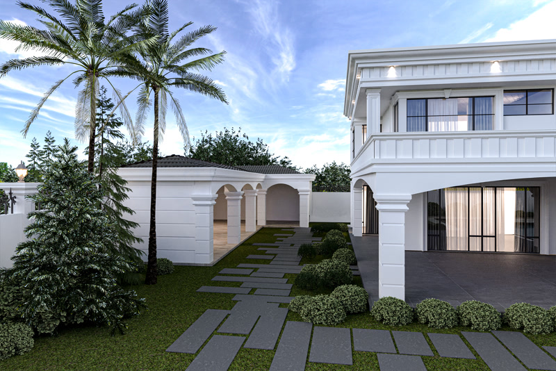 Villa dış yüzeyindeki şık kemerli geçişler, P5040W pilaster sütunlar ve poliüretan pencere sövesi detayları.