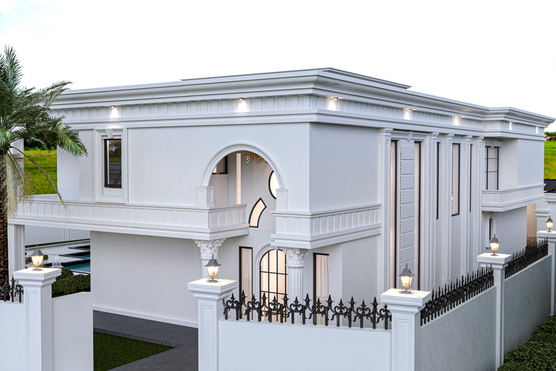 Pencere çevreleri kemerli ve dikey poliüretan pilaster sütunlarla süslenmiş şık beyaz villa dış cephesi.