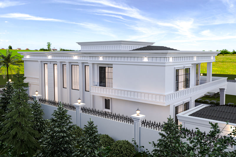 Siyah pencere doğramaları, dekoratif beyaz poliüretan pilaster ve panel uygulamalarıyla şık iki katlı villa.