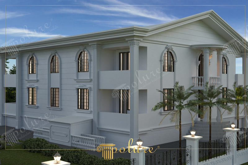 Otel benzeri geniş yapıların dış cephesine uygulanan poliüretan pencereli söve ve dikey pilaster sütun tasarımları.