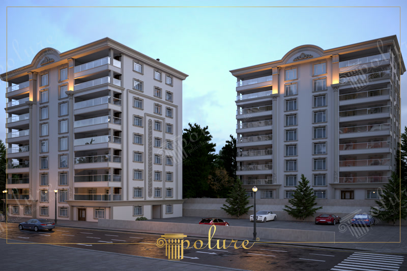 Yan yana konumlanmış sekiz katlı konut bloklarında kullanılan dekoratif çatı kornişleri, açık renk pencere çerçeveleri ve boyuna pilaster sütun süslemeleri.