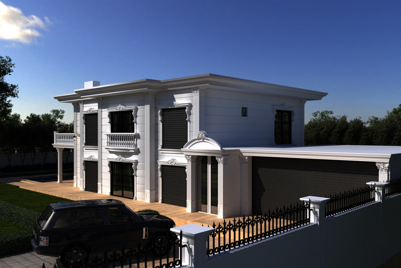 Villanın dış duvarlarında uygulanan taç motifli pencereler, dikine inen beyaz pilaster profiller ve kemer formlu sundurma dekorasyonları.