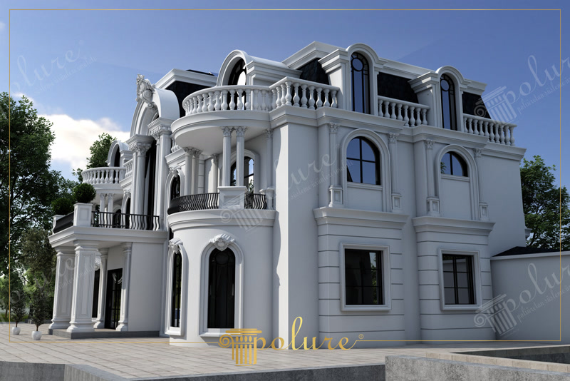 Lüks bir konutun cephesinde kullanılan oluklu dekoratif sütunlar, korint başlıklar, kemer formlu pencereler ve teras korkuluk süslemeleri.