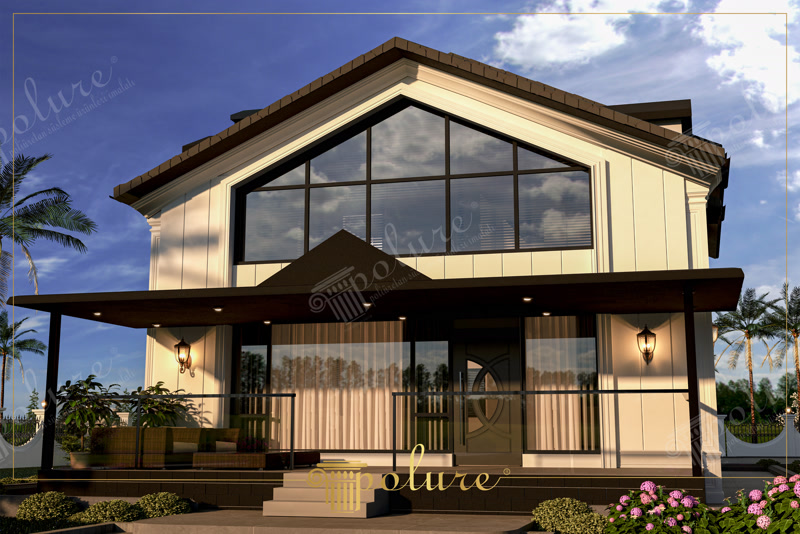 Geniş verandası olan modern evin cephesinde kullanılan dikey formlu beyaz paneller, pilaster sütunlar ve pencere söveleri.