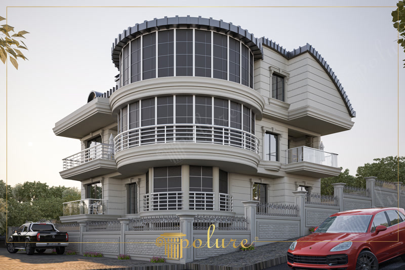 Açık gri tonlamalara sahip kavisli pencere detayları, poliüretan söve, yatay panel ve payandalarla süslenmiş estetik villa dış cephesi