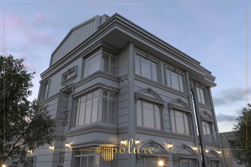 Gri renkli çok katlı binanın dış cephesine uygulanmış kavisli pencere söveleri, dekoratif payandalar ve poliüretan pilaster sütunlar.