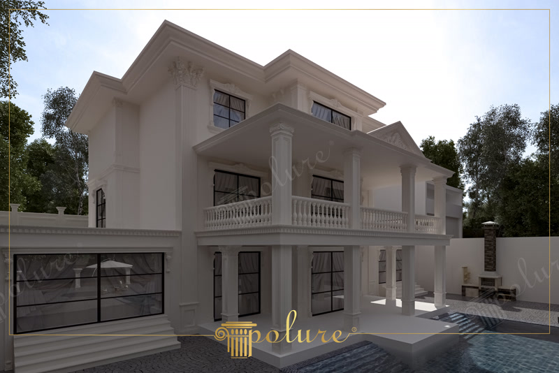 Beyaz renk poliüretan yivli sütun, pencere sövesi ve estetik balkon korkulukları ile süslenmiş, antrasit camlara sahip klasik villa cephesi.
