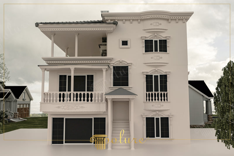 Üç katlı krem rengi villa dış cephesine uygulanmış poliüretan yivli sütun modelleri, pencere söveleri ve motifli balkon korkulukları.