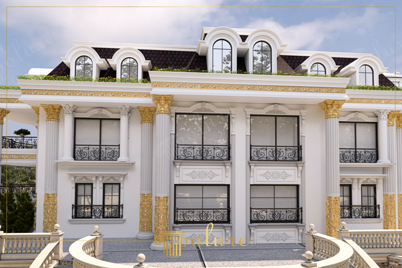 Beyaz yüzey üzerine dore yaldız detaylarıyla işlenmiş poliüretan sütun, söve ve balustrad uygulamalı klasik villa cephesi.