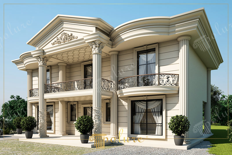 Beyaz renkli yivli poliüretan sütunlar ve pencere söveleriyle bezenmiş lüks villa dış cephesi.