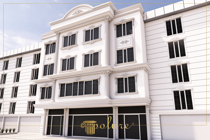 Alt katı koyu renkli, üst katları ise beyaz söveler ve pilaster sütunlarla detaylandırılmış lüks dış cephe mimarisi.