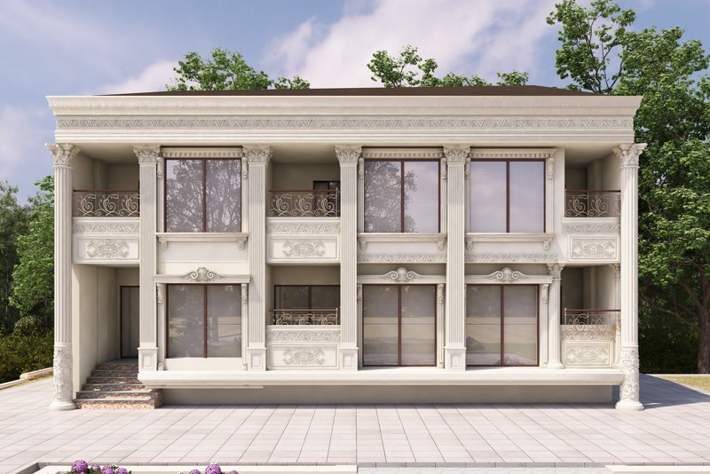 İki katlı müstakil yapının ön yüzeyinde kullanılan poliüretan dekoratif pilaster sütun, söve ve işlemeli taç detayları.