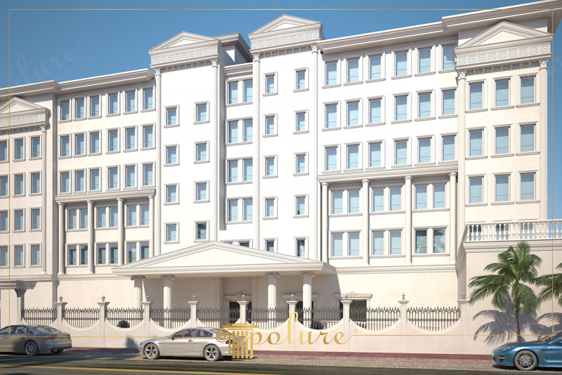 Büyük bir ticari merkezin giriş bölümünde konumlandırılmış dekoratif üçgen alınlık, yivli sütunlar ve poliüretan pencere söveleri.