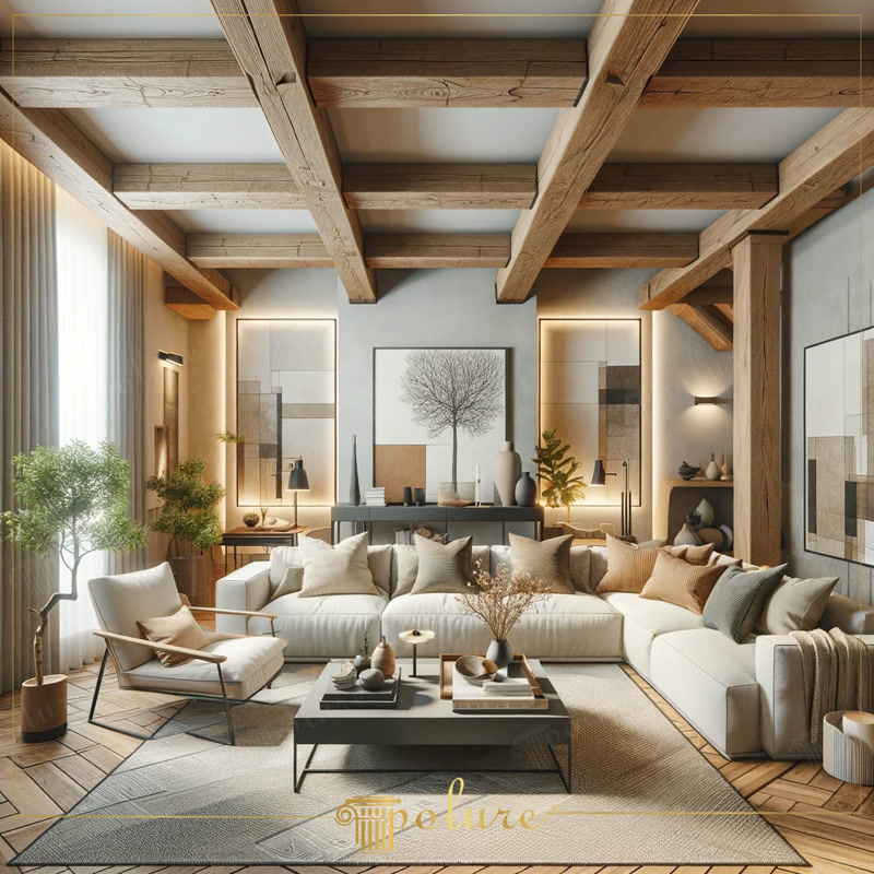 Ahşap dokulu tavan kirişleriyle dizayn edilmiş, modern eşyalara sahip ferah bir salon.