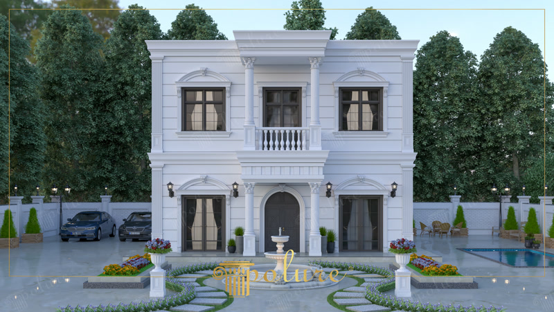 İki katlı beyaz neoklasik binanın dış cephesinde yer alan poliüretan pilaster sütunlar, söveler ve kapı kemeri uygulaması.