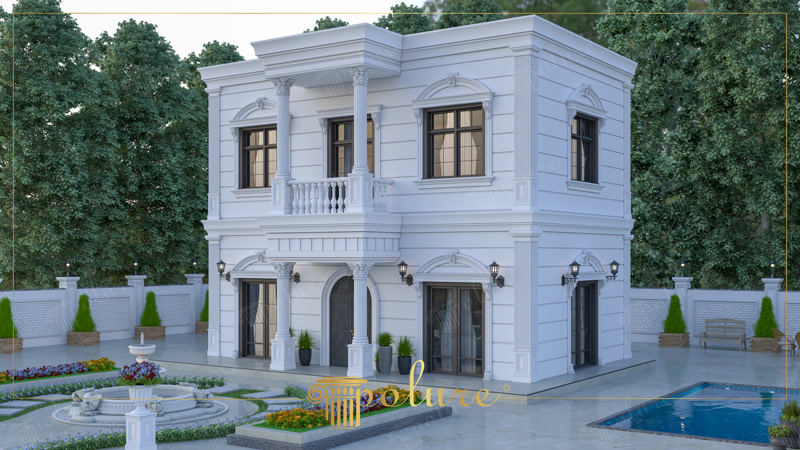Neoklasik tasarıma sahip beyaz, iki katlı müstakil villanın poliüretan pilaster sütunlar ve pencere söveleri ile bezenmiş cephesi.