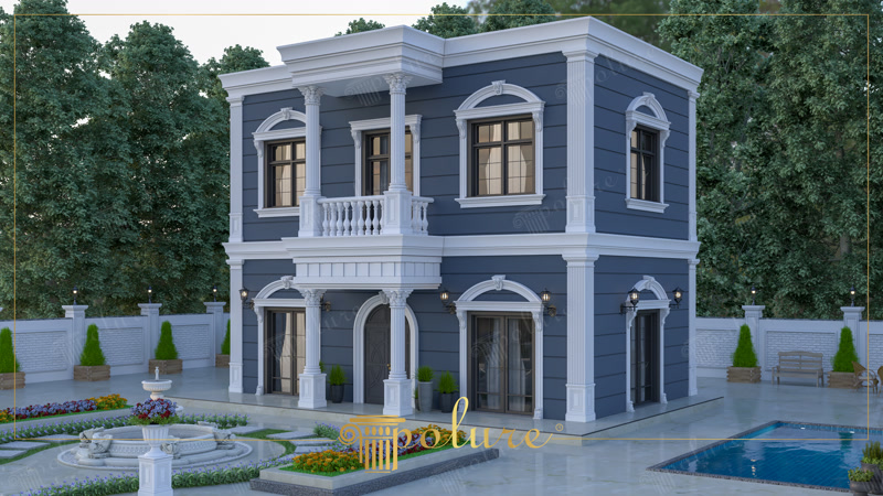 Poliüretan kartonpiyer kavisli kemer, pilaster sütun ve beyaz sövelerle detaylandırılmış antrasit dış cepheli neoklasik villa.
