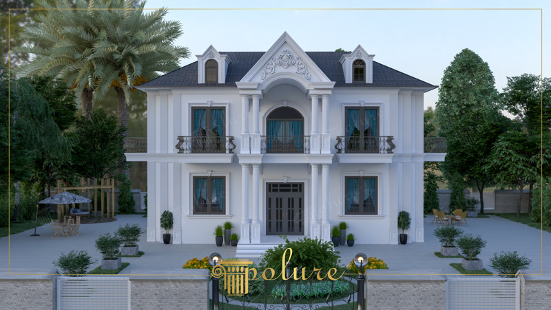 Beyaz renkle boyanmış iki katlı villanın dış cephesinde dekoratif amaçlı uygulanan poliüretan sütun, pilaster, pencere sövesi ve çatı taçları.