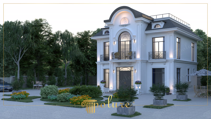 Neoklasik mimarili beyaz villanın dış cephesine montajlanan poliüretan dekoratif pilaster sütun, kapı tacı ve katmanlı söve modelleri.