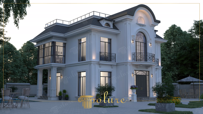 Neoklasik tarzda tasarlanmış iki katlı beyaz konutun dış cephesine yerleştirilen dekoratif poliüretan pilaster sütun, pencere sövesi ve çatı altı taç uygulamaları.