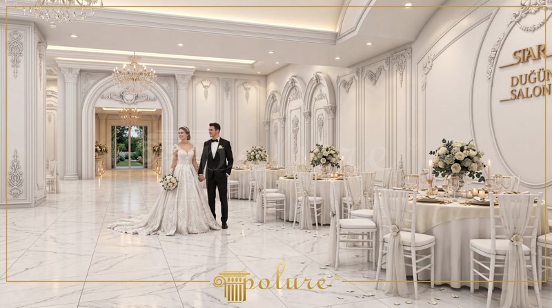Büyük davet salonlarında kullanılan beyaz renkli kavisli kemer panelleri ve poliüretan pilaster kaplamalar