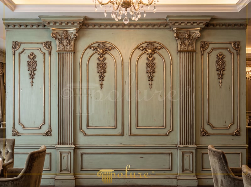Altın Varaklı Pastel Yeşil Duvar Çıtası ve Pilaster Sütun Dekorları