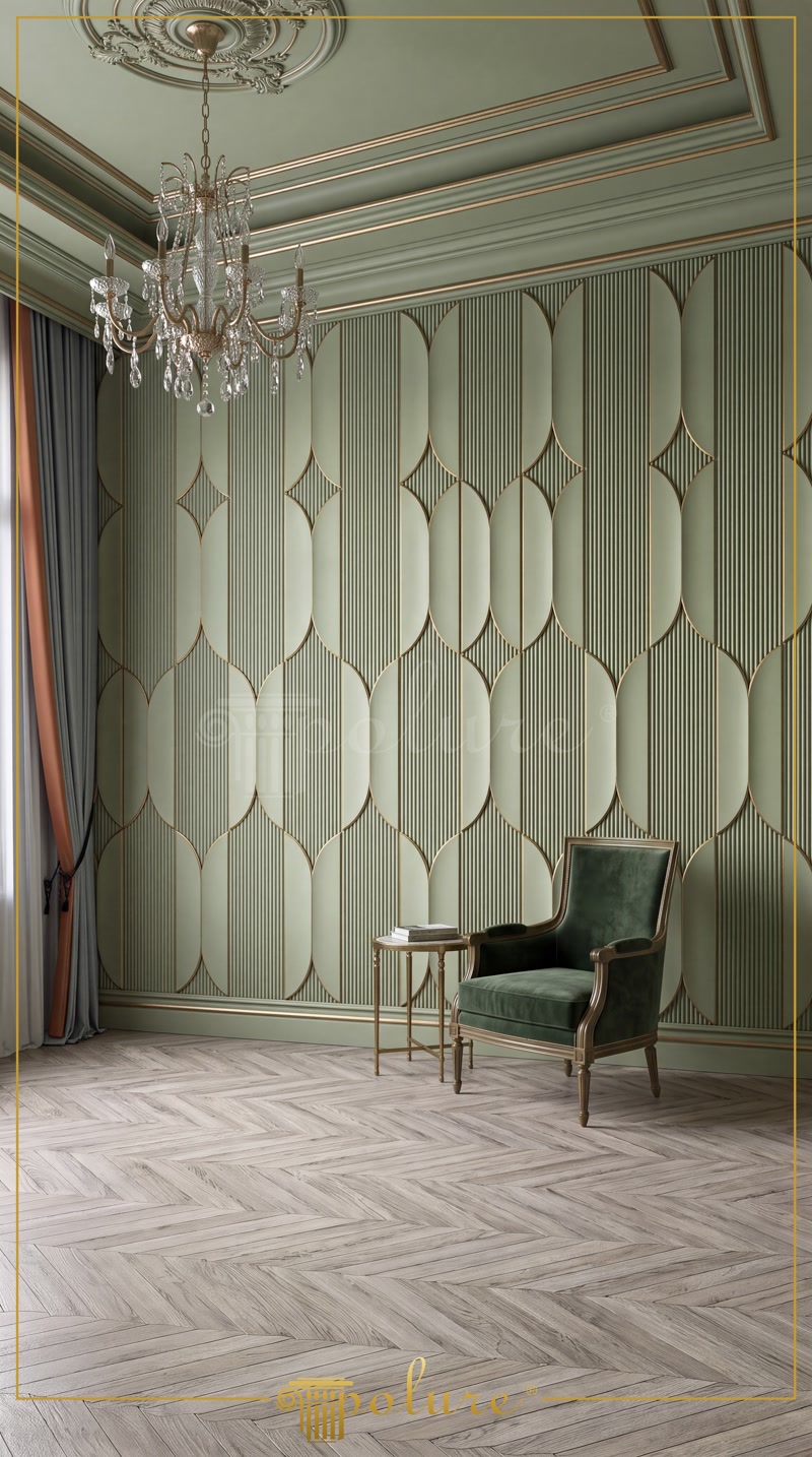 Zümrüt yeşili renginde boyanmış, altın sarısı kemer çıtaları ve dikey yivli poliüretan panellerle oluşturulan şık salon tasarımı.