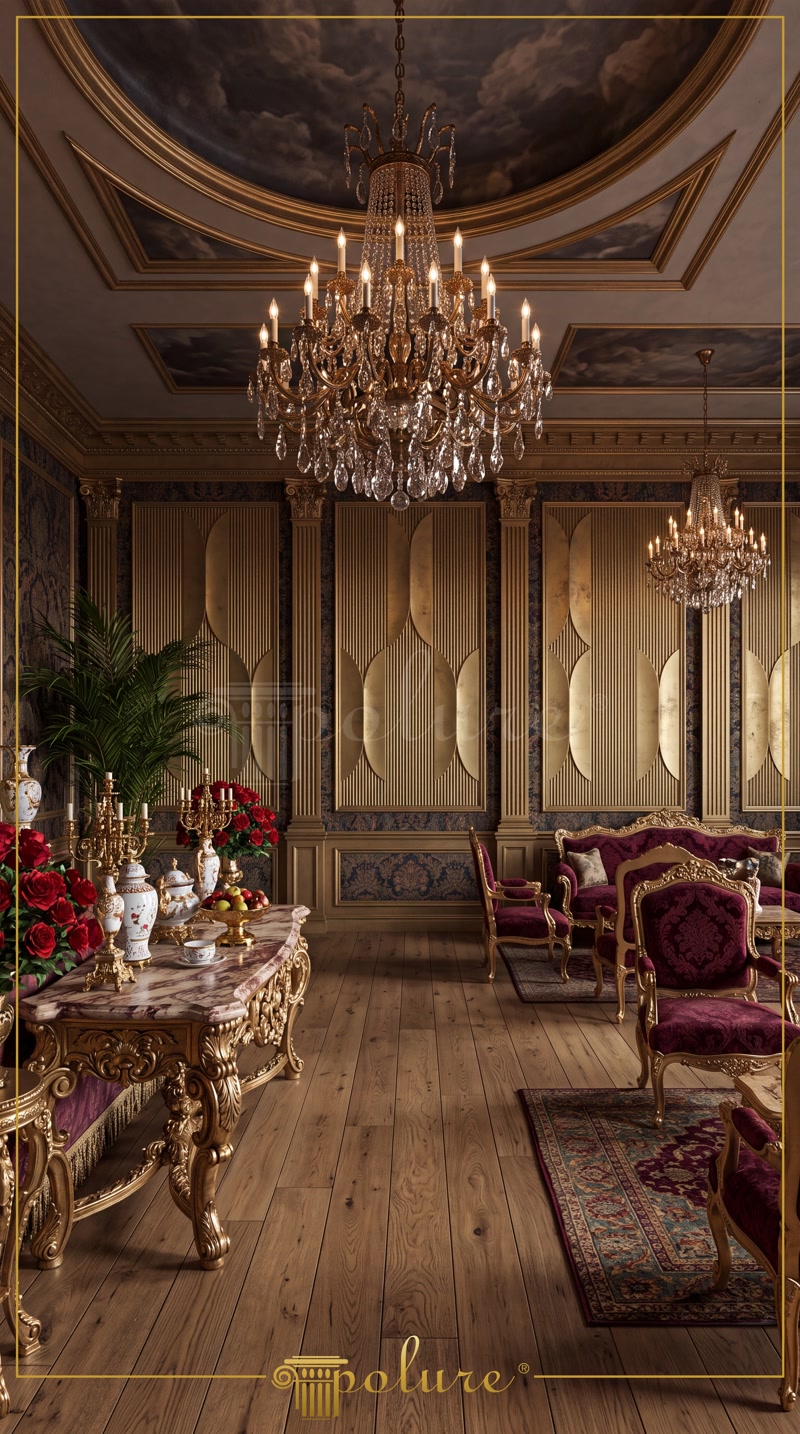 Altın sarısı poliüretan P312020 dikey paneller ve pilaster sütunlarla bezenmiş, kristal avizeli şık klasik salon.