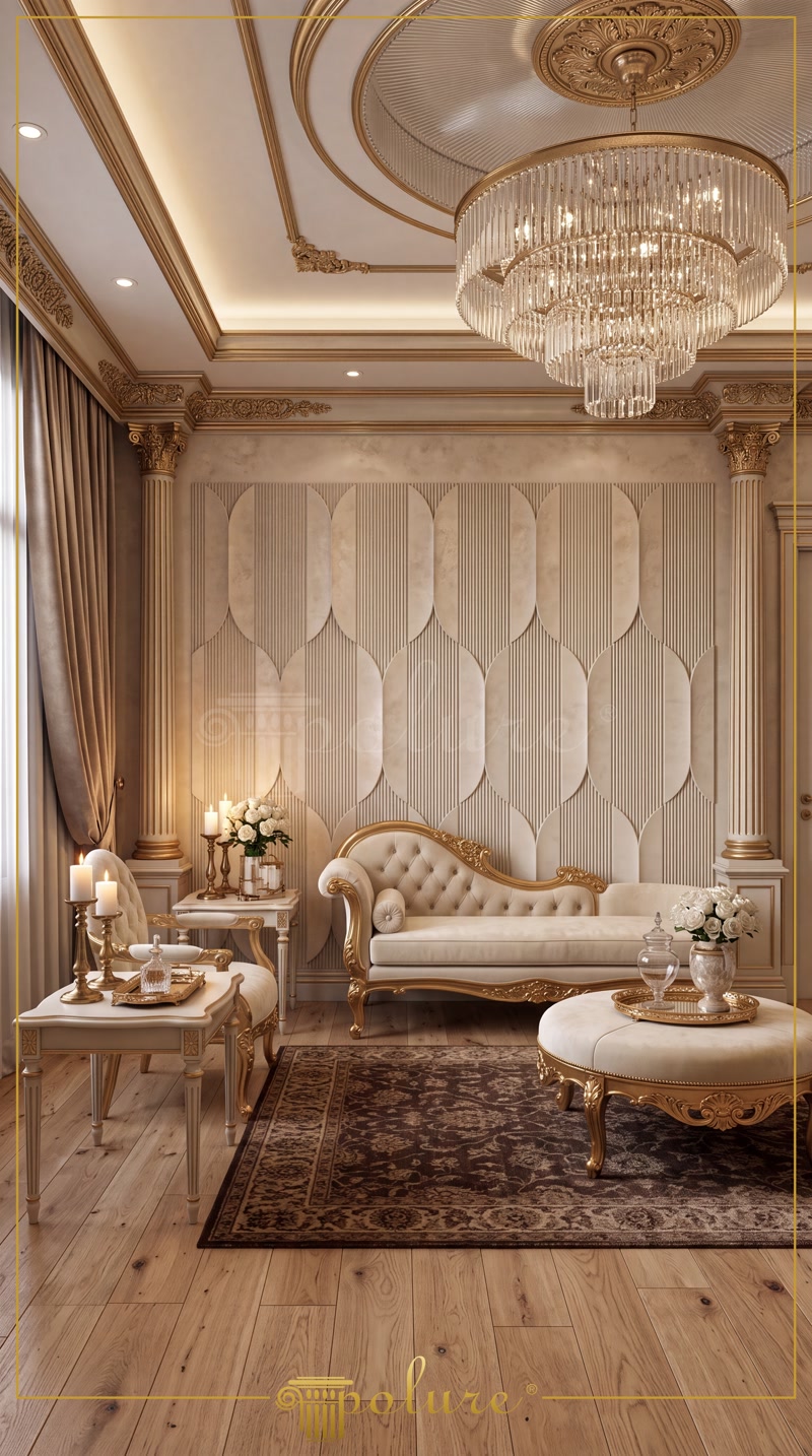 Altın detaylı klasik mobilyaların yer aldığı, fildişi rengi poliüretan P312020 panel ve korint başlıklı sütunlarla bezenmiş salon.