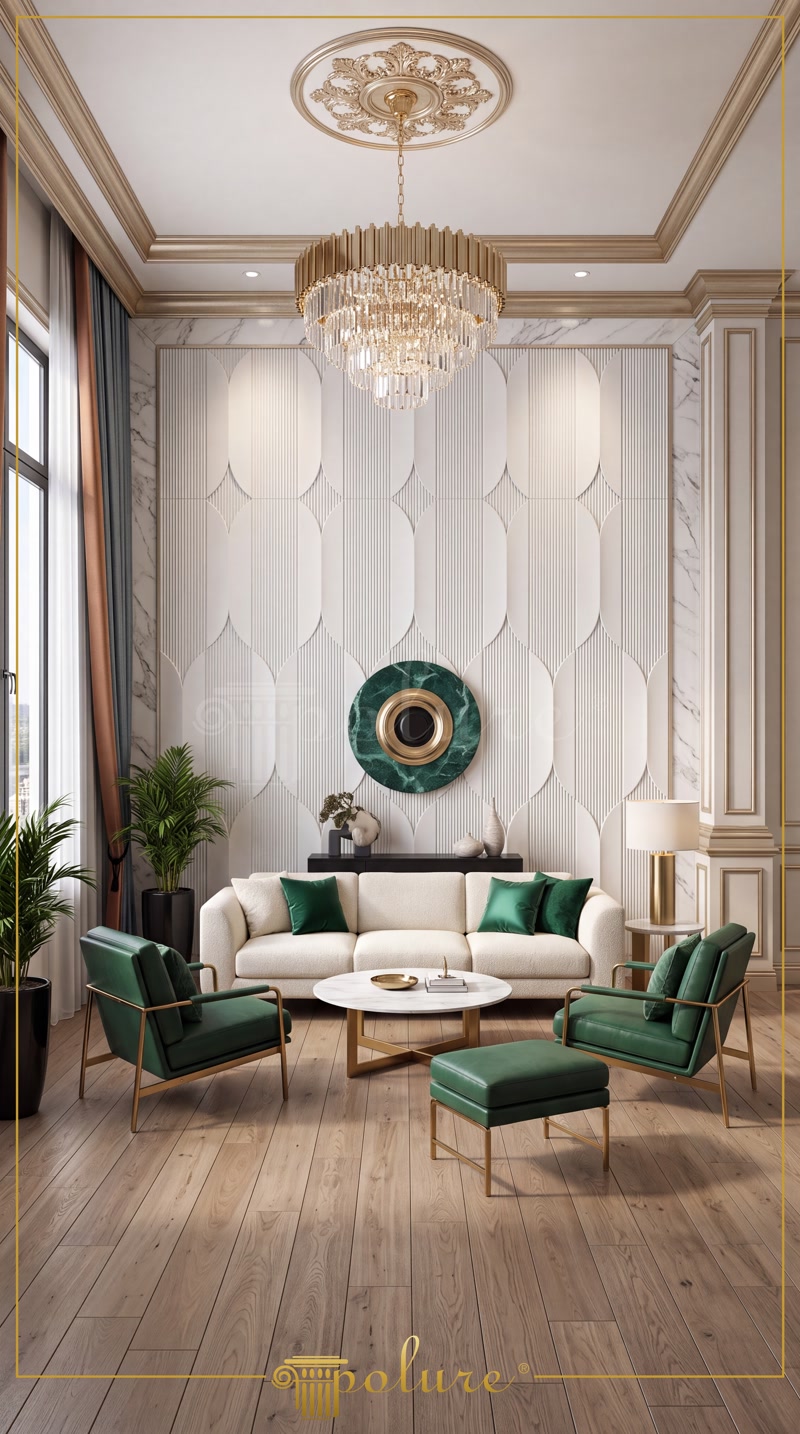 Beyaz boyalı dikey P312020 poliüretan paneller ve zümrüt yeşili modern mobilyalarla donatılmış geniş salon dekorasyonu.