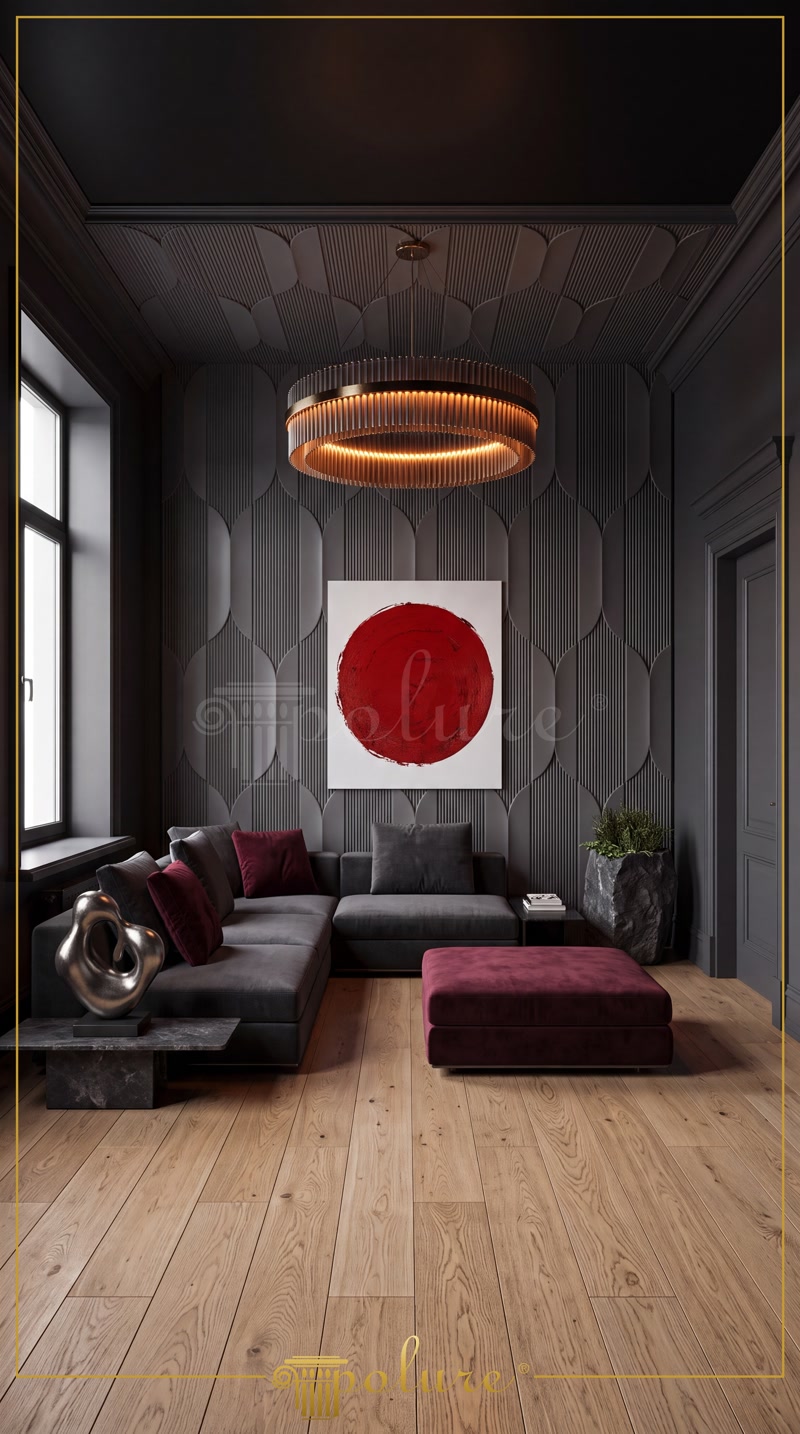 Antrasit griye boyanmış dikey çizgili tavan ve duvar kaplaması ile dekore edilmiş modern salon köşesi.