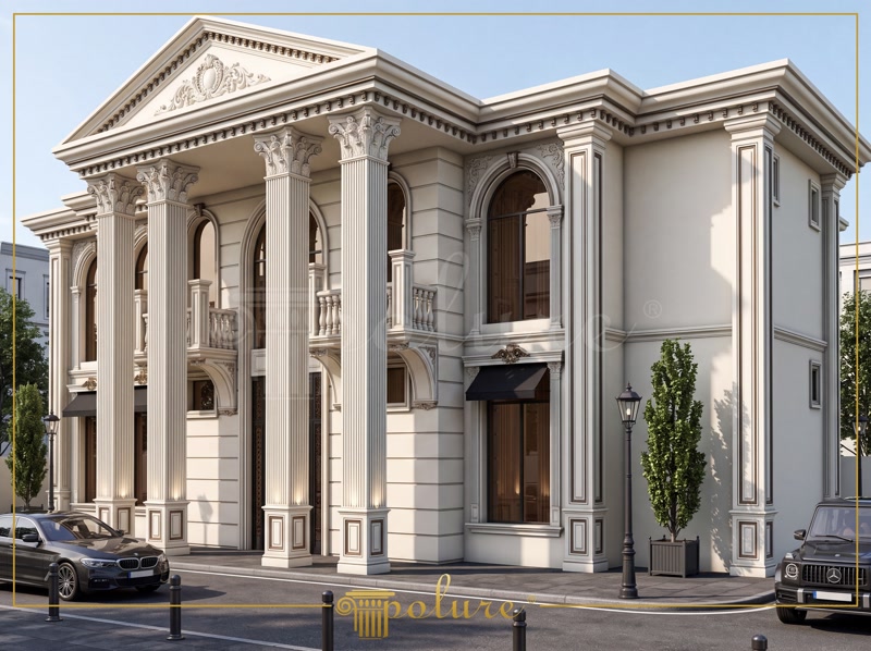 Klasik tarzda tasarlanmış, pencereleri yuvarlak kemerli, dış yüzeyinde yivli pilaster sütunlar ve dekoratif paneller kullanılan villa cephesi.