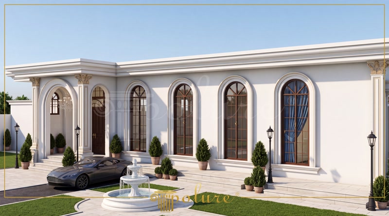 Bembeyaz yüzeyiyle dikkat çeken, kavisli pencere söveleri ve kalın pilaster sütunlarıyla dekore edilmiş klasik tarz düğün salonu dış cephesi.