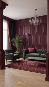 Mürdüm Tonlarında Lüks Salon Dekorasyonu ve Duvar Çözümleri