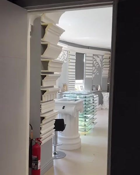 Raflar, sütun örnekleri ve cam tezgâhlarla düzenlenmiş showroom