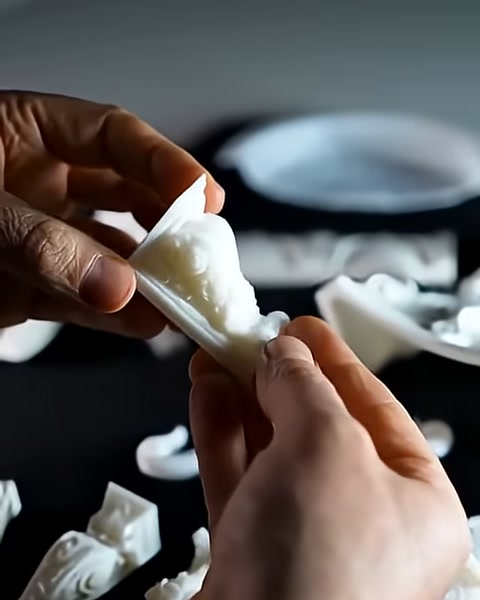 Yeni basılmış küçük dekoratif parça elde yakından kontrol ediliyor
