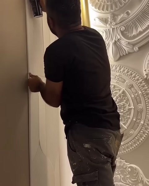 Dikey panel sırası, süslü tavanın altındaki duvara uygulanıyor
