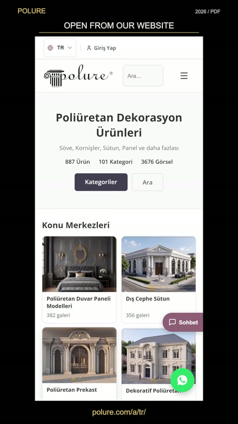 Mobil sitede poliüretan dekorasyon ürünleri ve katalog erişimi görülüyor.