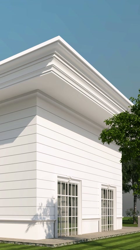 Beyaz villa köşesinde korniş ve yatay cephe silmeleri