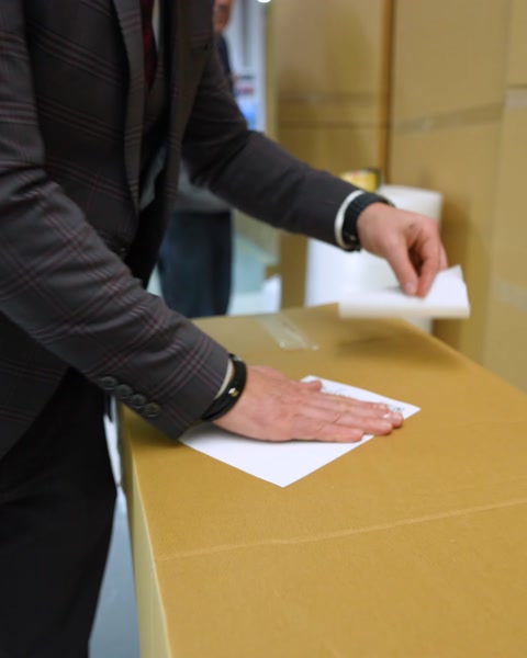 Paketlenen karton kutunun üzerine ürün etiketi dikkatle yapıştırılıyor
