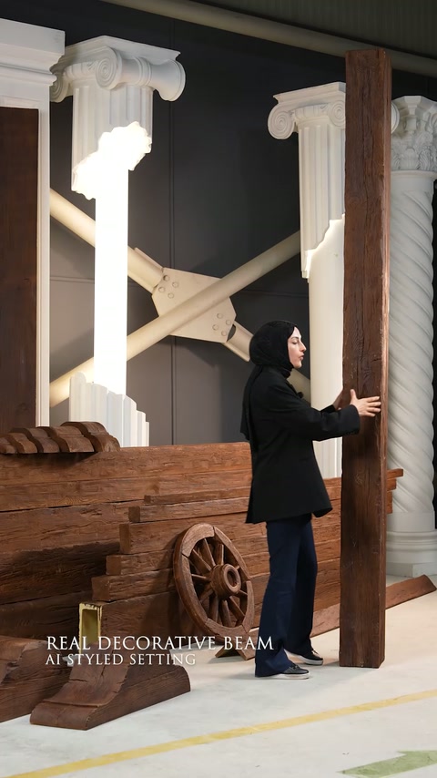 Atölyede farklı boyutlardaki dekoratif kirişlerin dikey sunumu